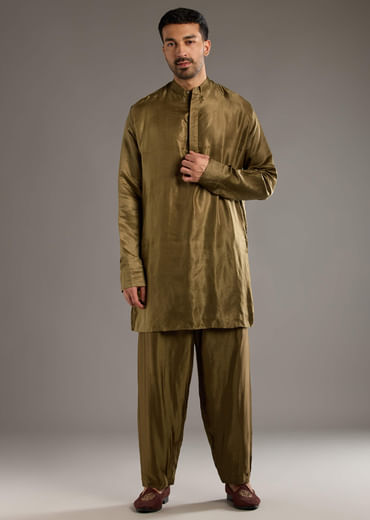 Beige Modal Linen Kurta Jacket Set For Men With Hand Block Ajrakh Print Beige Modal Linen Kurta Jacket Set For Men With Hand Block Ajrakh Print