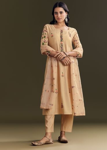 Beige Modal Threadwork Kurta Pant Set With Hand Painting