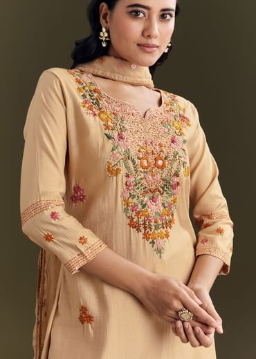 Beige Modal Threadwork Kurta Pant With Resham Organza Dupatta