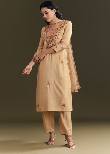 Beige Modal Threadwork Kurta Pant With Resham Organza Dupatta