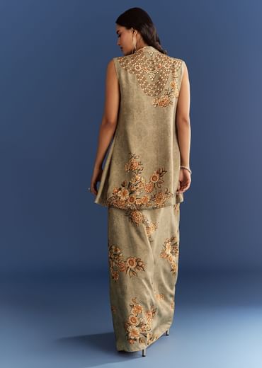 Beige Muslin Croptop Set With Floral Printed Skirt Jacket