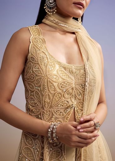 Beige Net Palazzo Suit With Moti And Cut Dana Embroidery