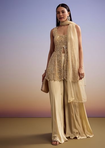 Beige Net Palazzo Suit With Moti And Cut Dana Embroidery