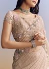 Beige Net Saree With Heavy Floral And Resham Thread Embroidery