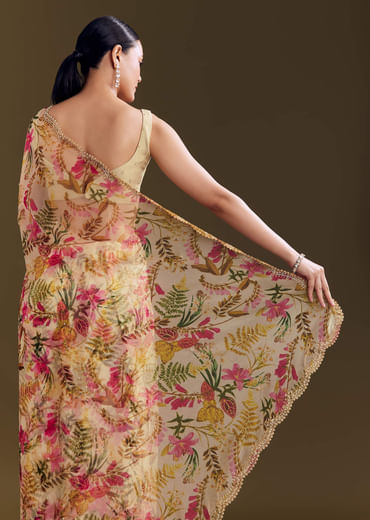 Beige Organza Saree With Beaded Border And Floral Print