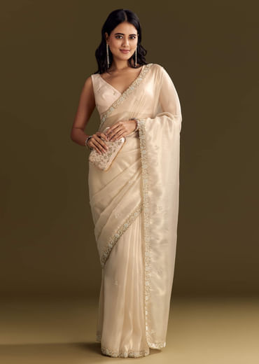 Beige Organza Tissue Saree With Cutdana And Beads Scallop Border