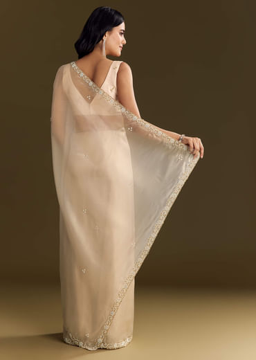 Beige Organza Tissue Saree With Cutdana And Beads Scallop Border