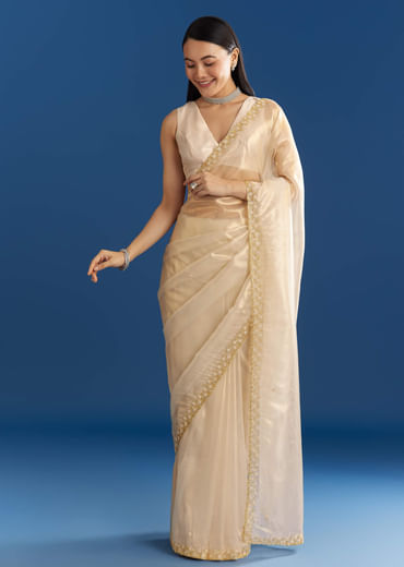 Beige Organza Tissue Saree With Embroidered Scallop