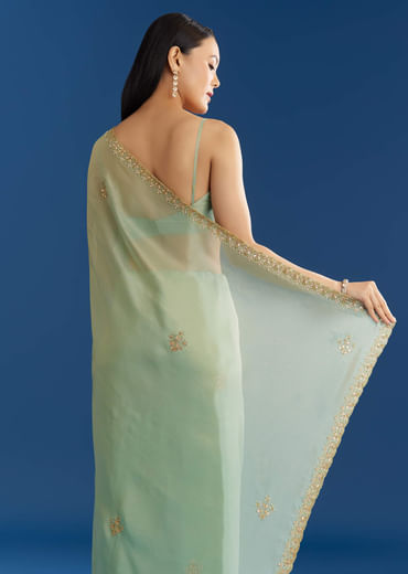 Mint Green Organza Tissue Saree With Subtle Embroidery