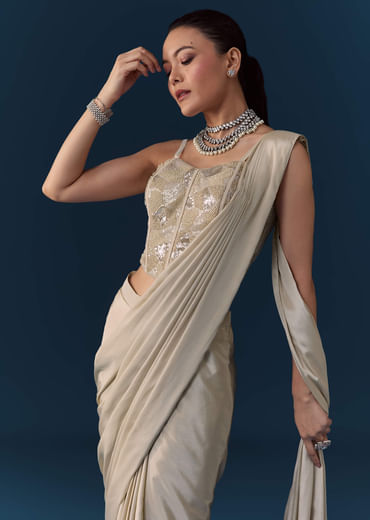 Beige Pre Pleated Saree with Sequin Corset Blouse