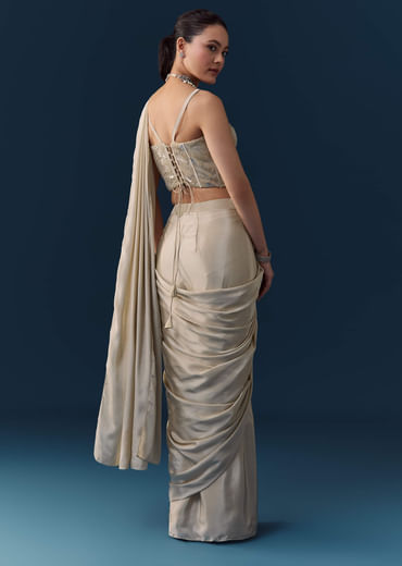 Beige Pre Pleated Saree with Sequin Corset Blouse