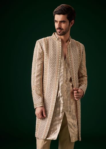 Beige Raw Silk Indowestern Sherwani Set
