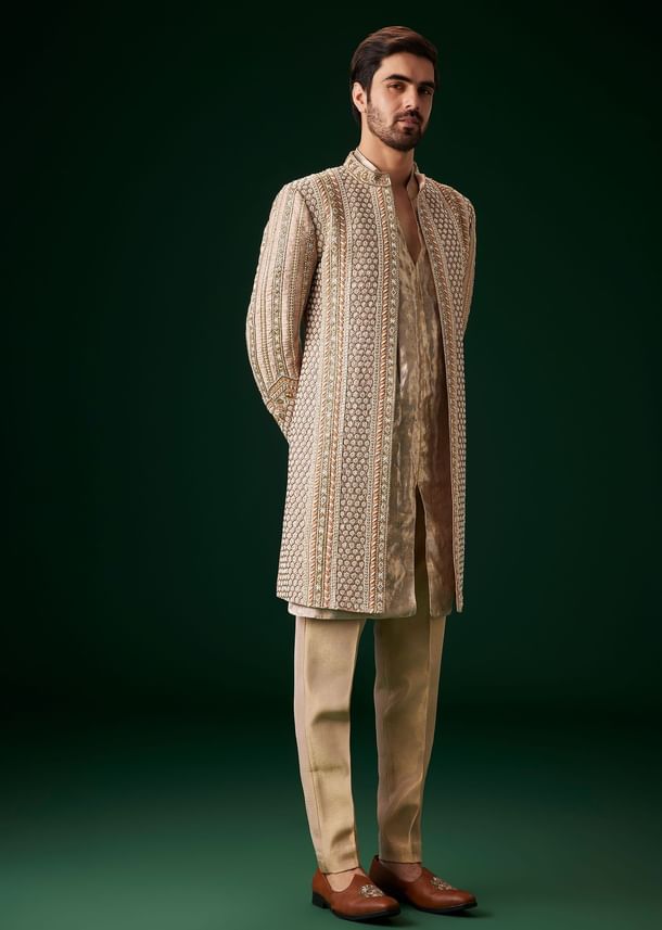 Beige Raw Silk Indowestern Sherwani Set