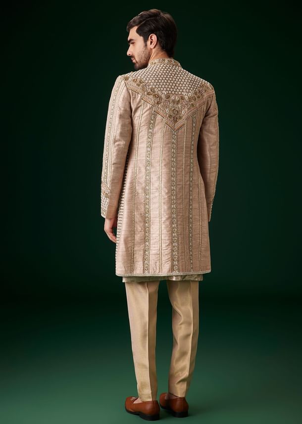 Beige Raw Silk Indowestern Sherwani Set
