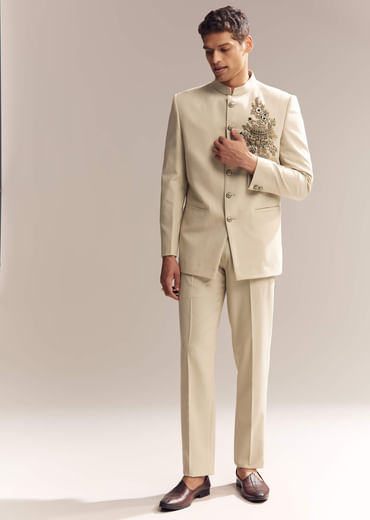 Beige Rayon Jodhpuri Suit For Men With Zardosi Embroidery