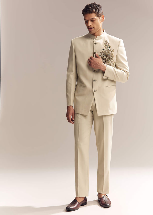 Beige Rayon Jodhpuri Suit For Men With Zardosi Embroidery