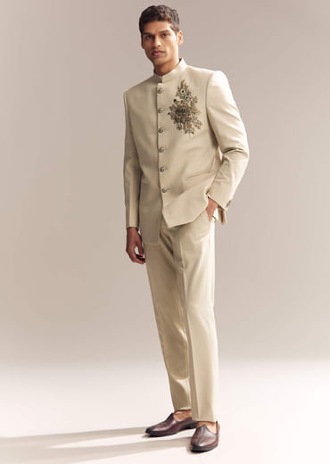 Beige Rayon Jodhpuri Suit For Men With Zardosi Embroidery
