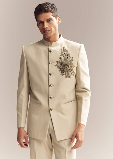 Beige Rayon Jodhpuri Suit For Men With Zardosi Embroidery