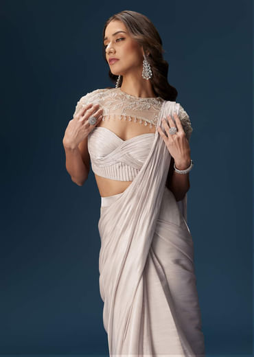 Beige Ready Pleated Saree With Cape And Blouse