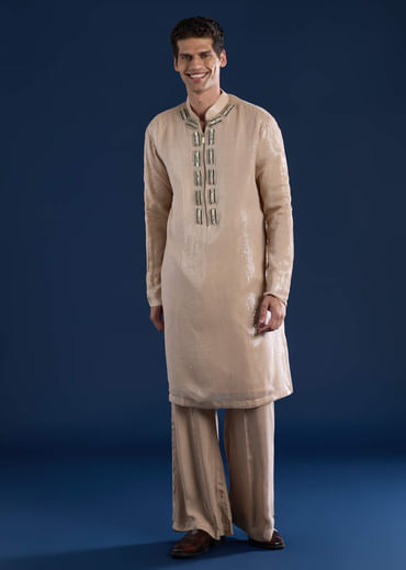 Beige Sequin Embellished Mens Kurta and Pant Set