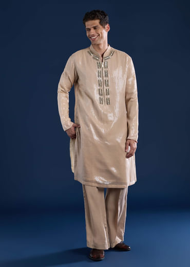 Beige Sequin Embellished Mens Kurta and Pant Set