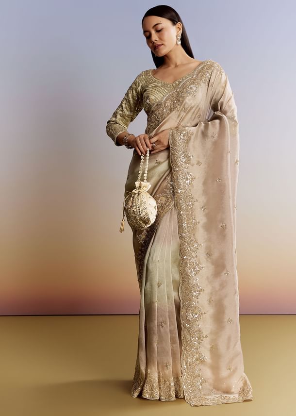 Beige Shaded Tissue Saree With Sequins Beads And Cutdana