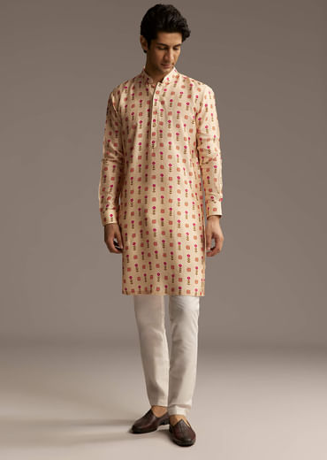 Beige Silk Designer Kurta For Men With Floral Print