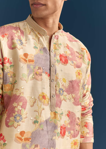 Beige Silk Floral Kurta Set For Men With Mirror Embroidery