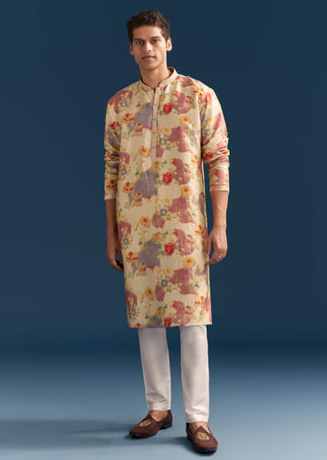 Beige Silk Floral Kurta Set For Men With Mirror Embroidery