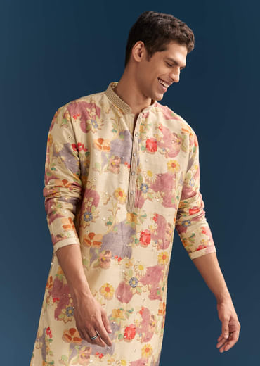 Beige Silk Floral Kurta Set For Men With Mirror Embroidery