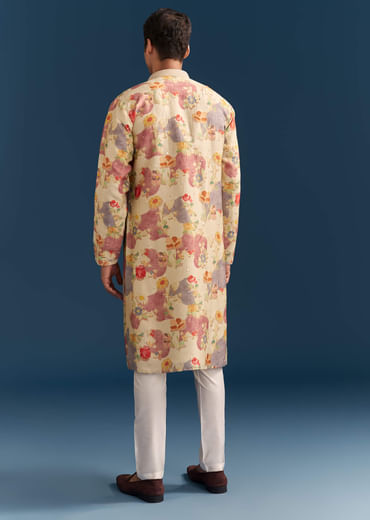 Beige Silk Floral Kurta Set For Men With Mirror Embroidery