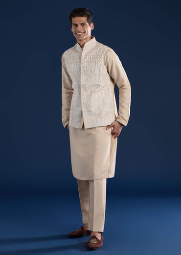 Beige Silk Jacket and Kurta Set with Resham Work
