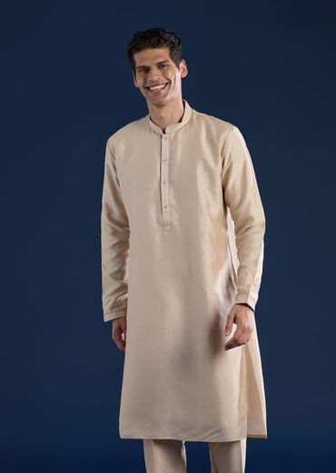 Beige Silk Jacket and Kurta Set with Resham Work