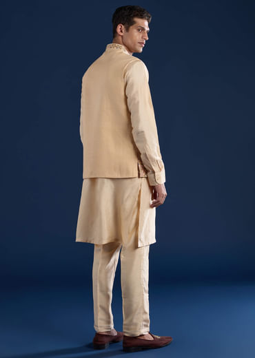 Beige Silk Jacket Kurta Set with French Knot