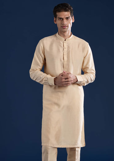Beige Silk Jacket Kurta Set with French Knot
