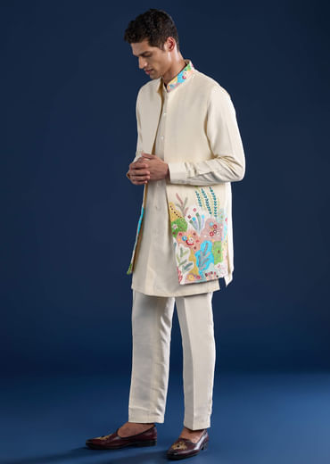 Beige Silk Jacket Kurta Set with Resham Embroidery