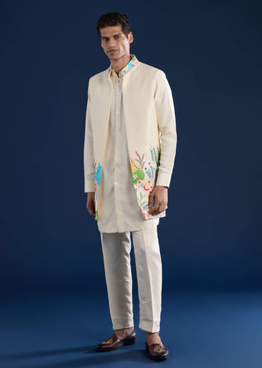 Beige Silk Jacket Kurta Set with Resham Embroidery