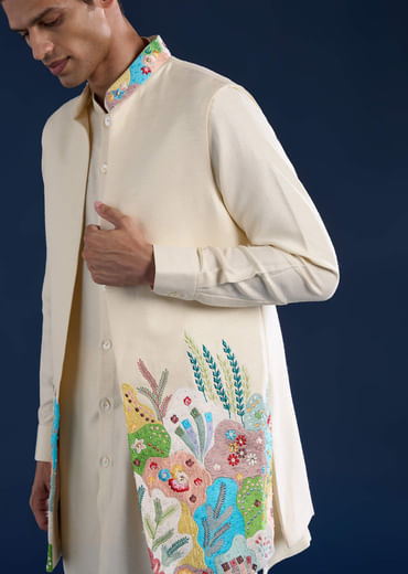 Beige Silk Jacket Kurta Set with Resham Embroidery