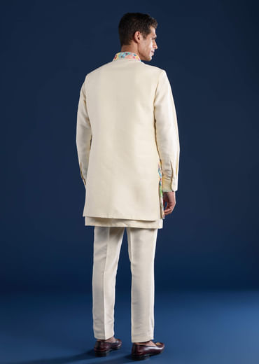 Beige Silk Jacket Kurta Set with Resham Embroidery