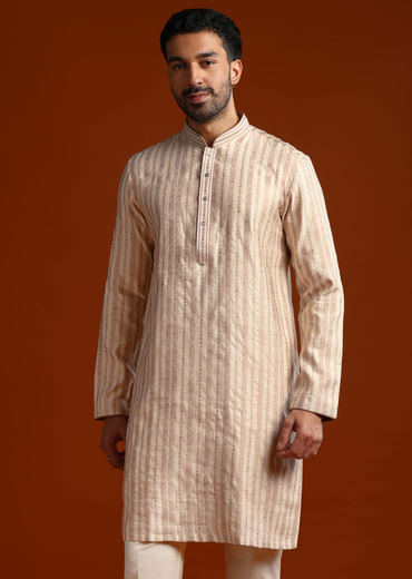 Beige Silk Jacquard Kurta Set For Men With Printed Stripes