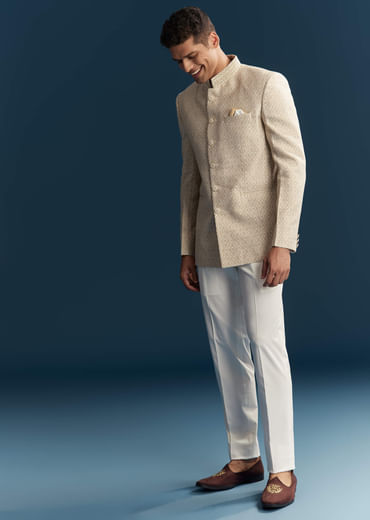 Beige Silk Jodhpuri Suit For Men With Embroidery