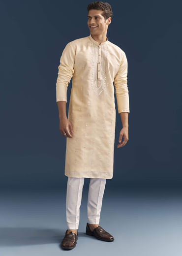 Beige Silk Kurta Set For Men With Thread And Mirror Embroidery