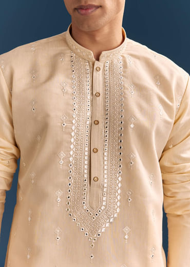 Beige Silk Kurta Set For Men With Thread And Mirror Embroidery