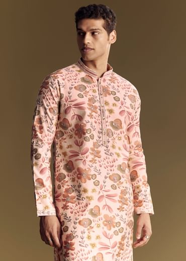 Beige Silk Kurta Set With Floral Foil Accents And Stone Detailing