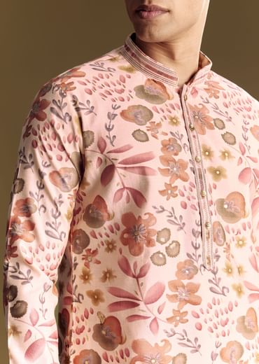 Beige Silk Kurta Set With Floral Foil Accents And Stone Detailing