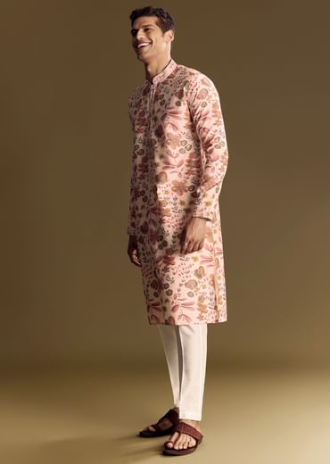 Beige Silk Kurta Set With Floral Foil Accents And Stone Detailing