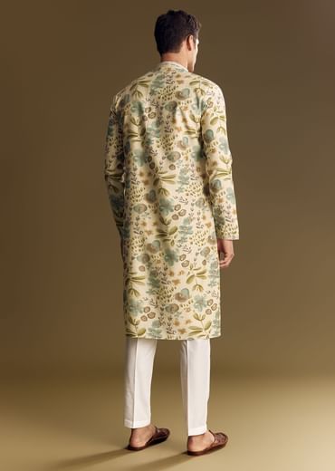 Beige Silk Kurta Set With Foil Enhanced Floral Print