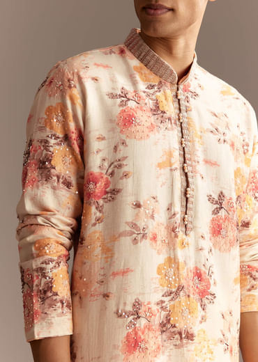 Beige Silk Linen Floral Embroidered Kurta Set