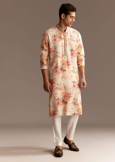 Beige Silk Linen Floral Embroidered Kurta Set