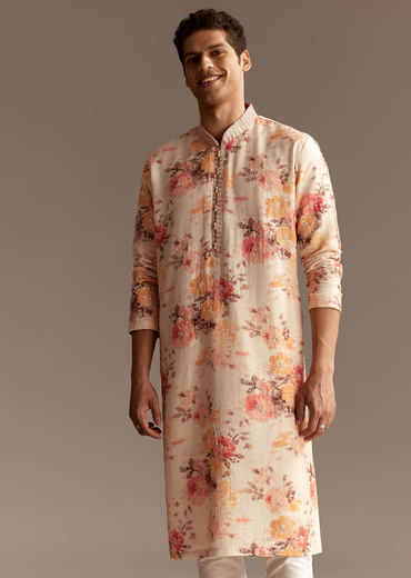 Beige Silk Linen Floral Embroidered Kurta Set